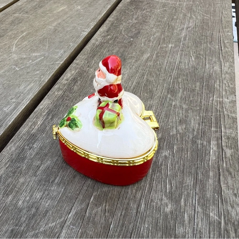 Porcelain Santa Christmas Heart Shaped Trinket Box